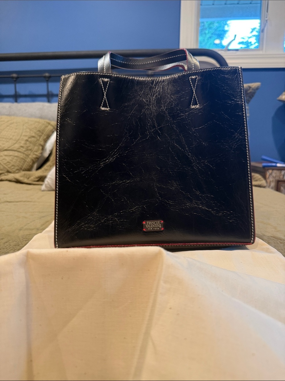 Frances Valentine Black Leather Tote with Red Trim